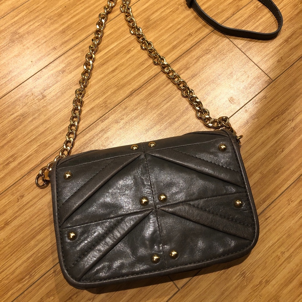 Gray leather Badgley Mischka crossbody evening bag